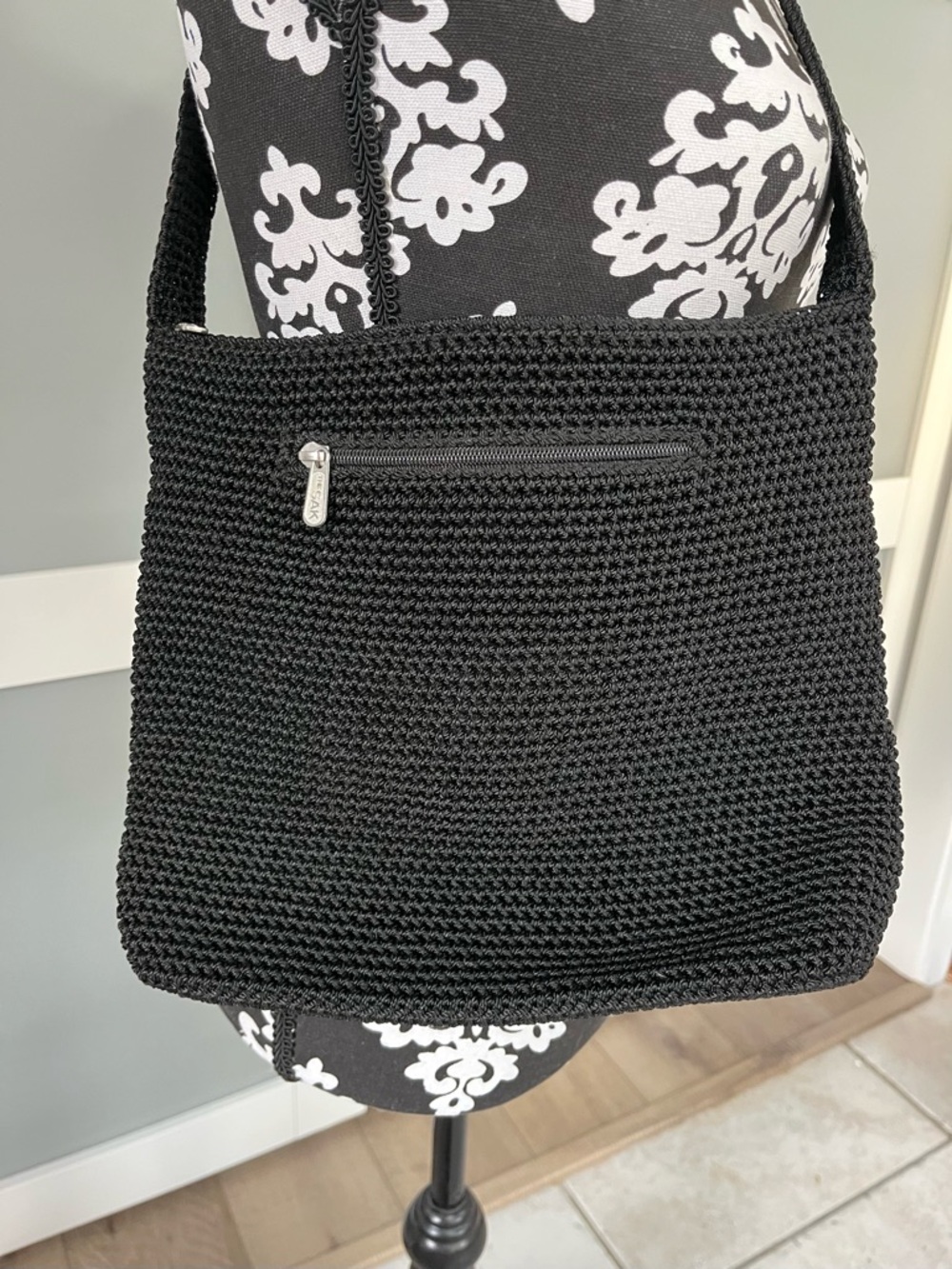 The Sak Black Crochet Zip Shoulder Bag Purse Sustainable Minimalist